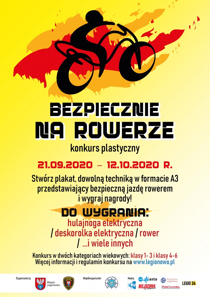 Plakat do konkursu, który zakłada przygotowanie dowolną techniką plakatu, który ma informować o zachowaniu ostrożności podczas jazdy rowerem. Termin nadsyłania prac do 12 października.