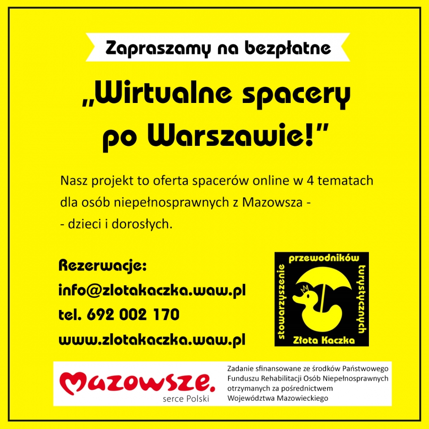 Grafika wyróżniająca z napisem - Wirtualne spacery po Warszawie. Informacje o projekcie, logo organizatora i logo Mazowsze. serce Polski