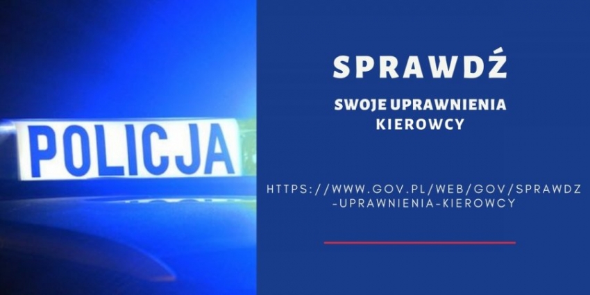 Grafika zachęcająca kierowców do sprawdzenia swoich uprawnień elektronicznie.