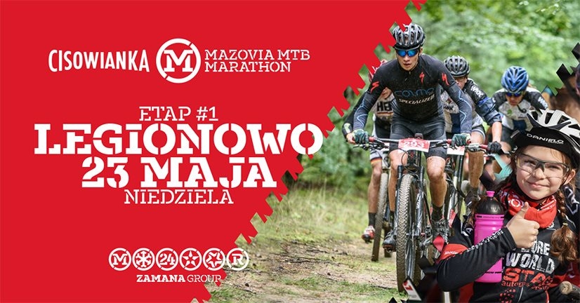 Grafika promująca zawody - Cisowianka Mazovia MTB Marathon. W tle rowerzyści MTB.