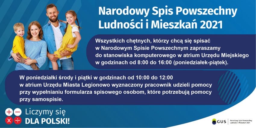 Para rodziców trzyma dwójkę dzieci na rękach. Napis: Narodowy Spis Powszechny Ludności i Mieszkań 2021