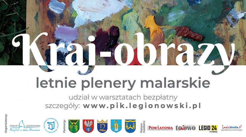 Na grafice napis - Kraj-obrazy letnie plenery malarskie. W tle deska w farbach.