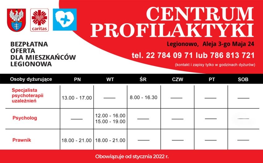 Centrum Profilaktyki - tabela z harmonogramem - styczeń 2022 r.