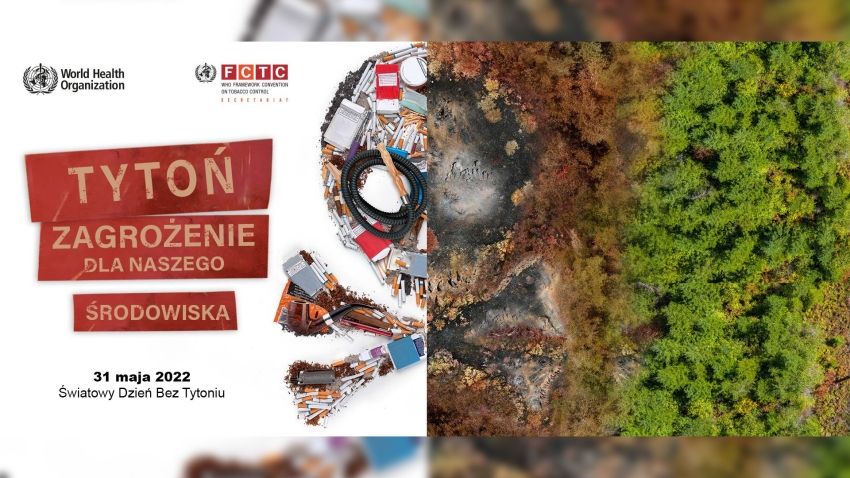 Grafika z napisem - Tytoń zagrożenie dla naszego środowiska; w tle symbol trucizny po jednej stronie z papierosów, z drugiej wypalona trawa, roślinność