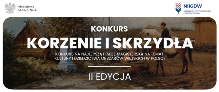 Grafika promująca konkurs 'Korzenie i Skrzydła' na najlepszą pracę magisterską o tematyce kultury i dziedzictwa