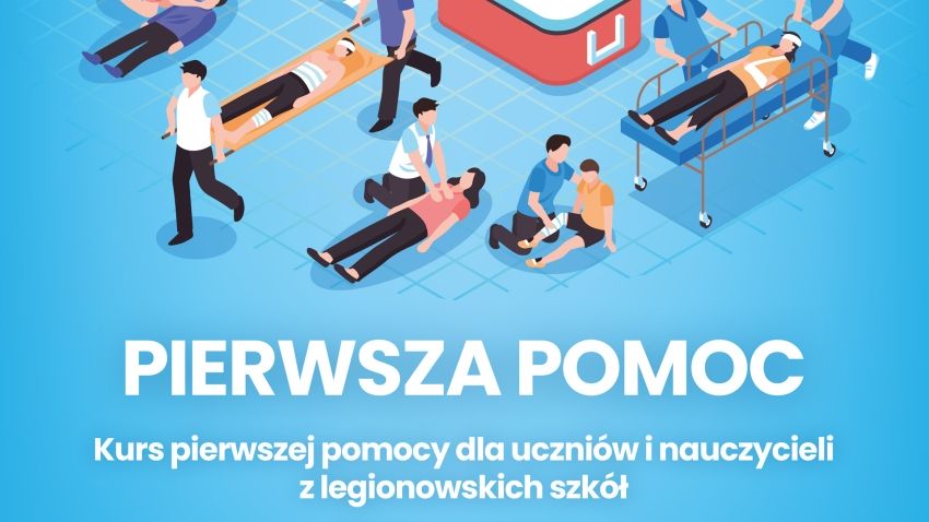 Fragment plakatu z obrazkami nawiązującymi do pierwszej pomocy, napis - Pierwsza pomoc