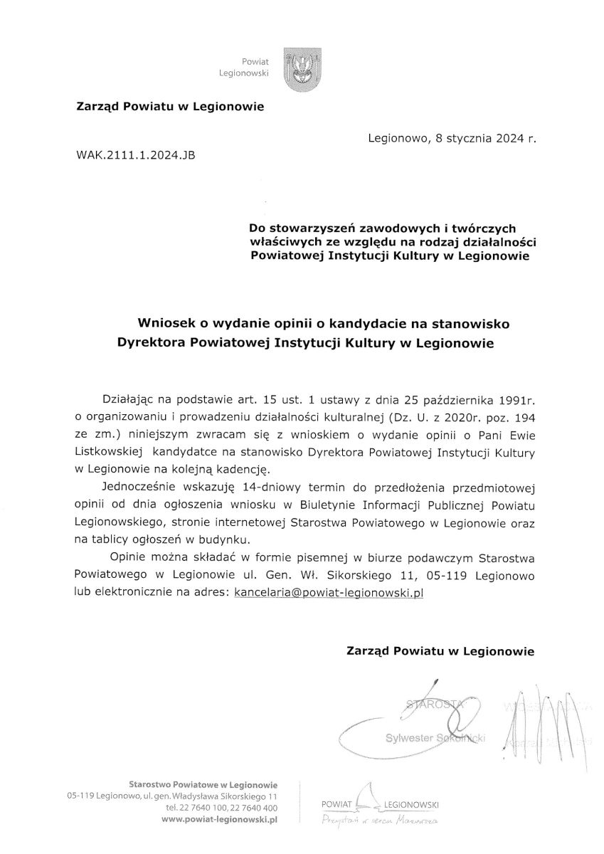 ogłoszenie o konsultacjach kandydatury na stanowisko dyrektora Powiatowej Instytucji Kultury w Legionowie