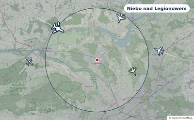 Mapa okolic miasta z sylwetkami samolotów — Niebo nad Legionowem na żywo