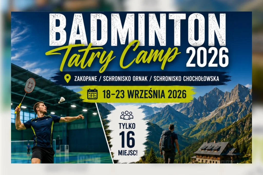 Grafika promocyjna wydarzenia Badminton Tatry Camp 2026 – obóz górski