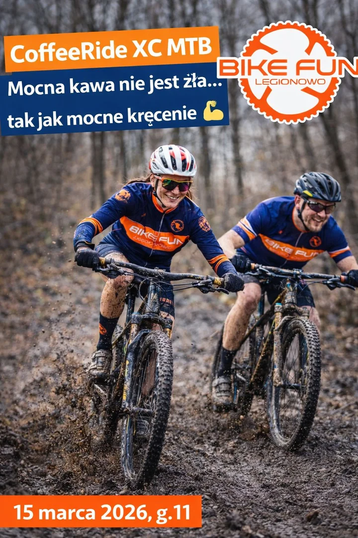 Grafika promocyjna wydarzenia CoffeeRide XC MTB z Bike Fun Legionowo — wspólna rozgrzewka przed sezonem
