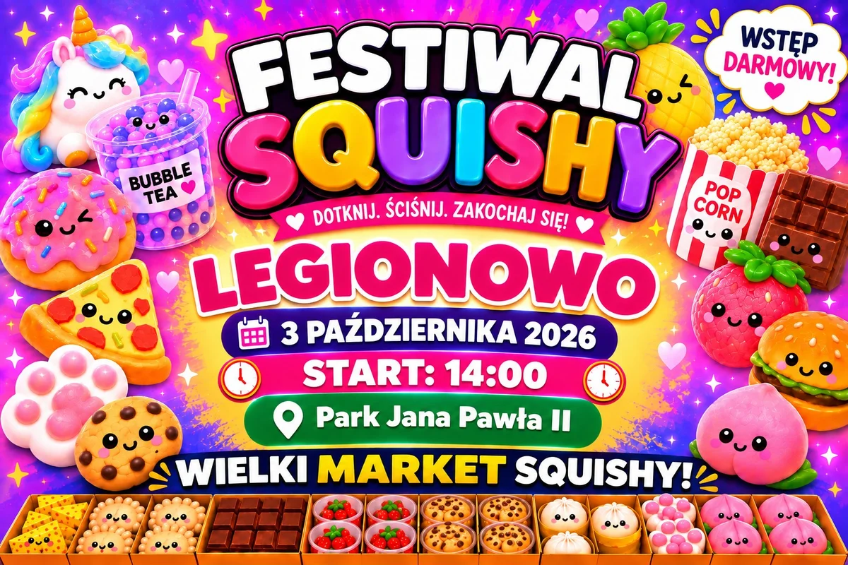 Grafika promocyjna wydarzenia Festiwal Squishy w Legionowie – gniotki i zabawa