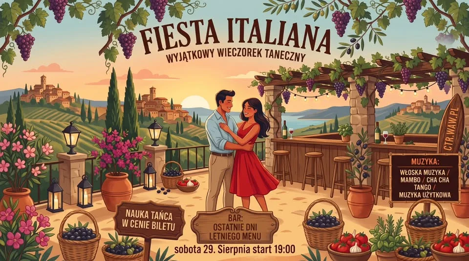 Grafika promocyjna wydarzenia Fiesta Italiana - Wieczorek Taneczny w Legionowie