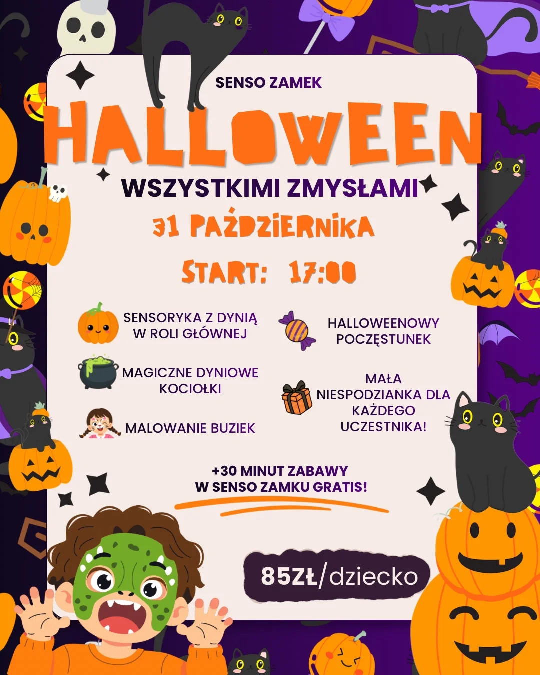 Grafika promocyjna wydarzenia Halloween wszystkimi zmysłami w Legionowie