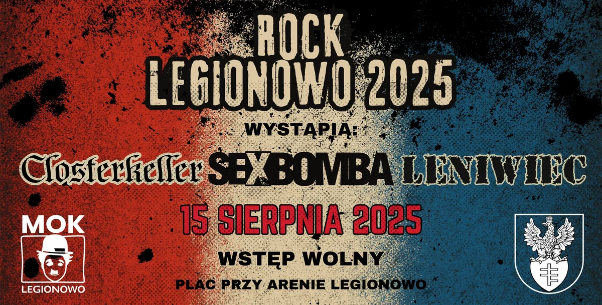 Grafika promocyjna wydarzenia Letni koncert rockowy w Legionowie z zespołami Sexbomba, Closterkeller i Leniwiec