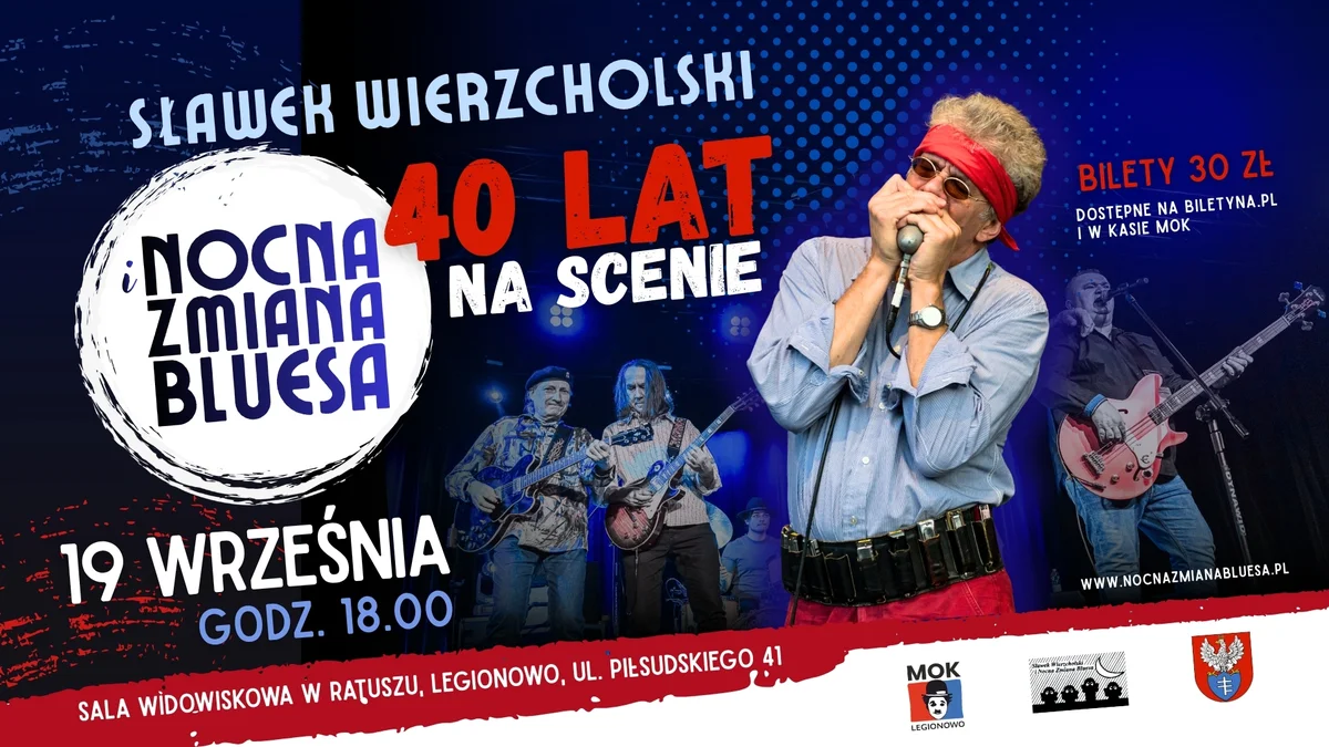 Grafika promocyjna wydarzenia Nocna Zmiana Bluesa – 40 lat na scenie w Legionowie