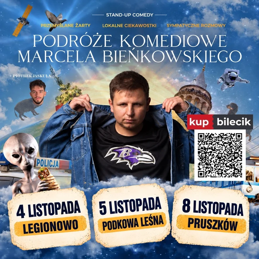 Grafika promocyjna wydarzenia Stand-up Marcel Bieńkowski: Podróże Komediowe w Legionowie