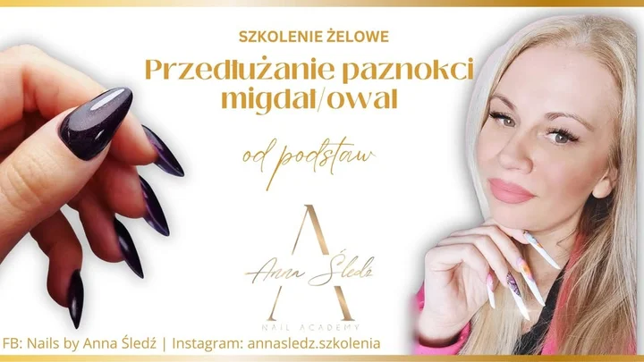 Obrazek przedstawia grafikę promocyjną wydarzenia Szkolenie z przedłużania paznokci żelem — kształt migdał/owal w Legionowie