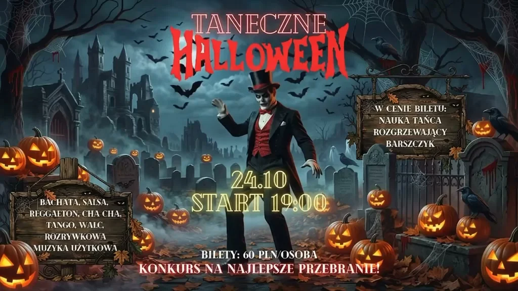 Grafika promocyjna wydarzenia Taneczne Halloween w Legionowie