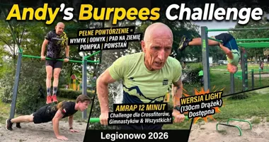 Grafika promocyjna wydarzenia Andy’s Burpees Challenge w Legionowie 2026 – 12 minut sportowego wyzwania