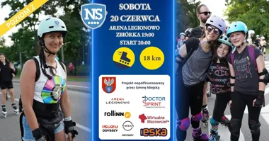Grafika promocyjna wydarzenia Nightskating Legionowo 2026 — wieczorny przejazd na rolkach ulicami miasta