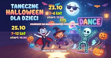 Grafika promocyjna wydarzenia Taneczne Halloween dla dzieci w Legionowie